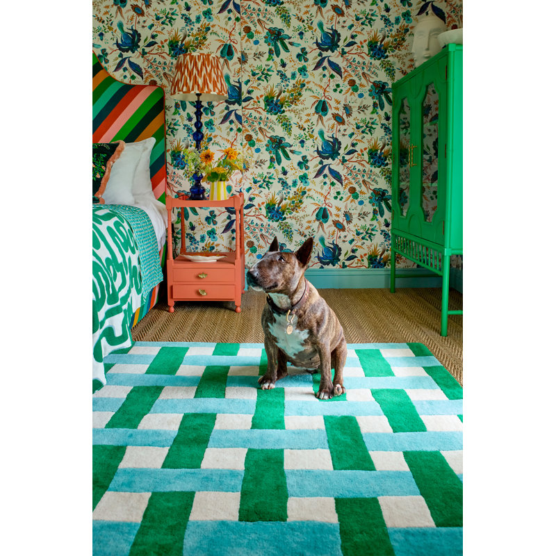 Hand Tufted Wool Geometric Area Rug in Emerald/Aquamarine, Rectangle 5'7" x 7'10"