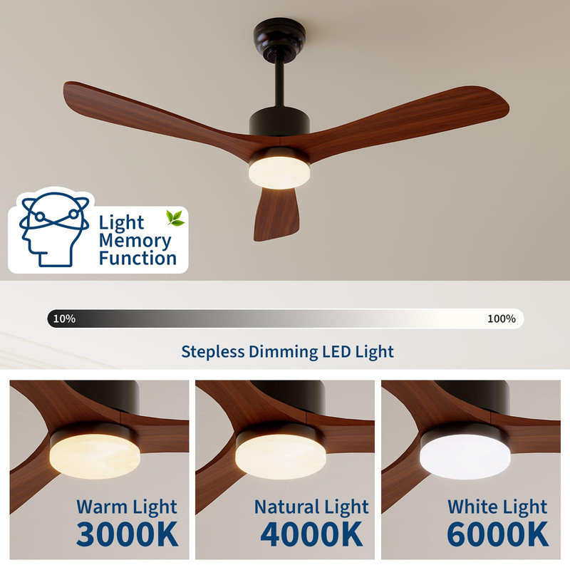 Ventilateur de plafond moderne en bois 52 po avec DEL à intensité variable et télécommande, moteur à courant continu réversible pour patio, chambre à coucher