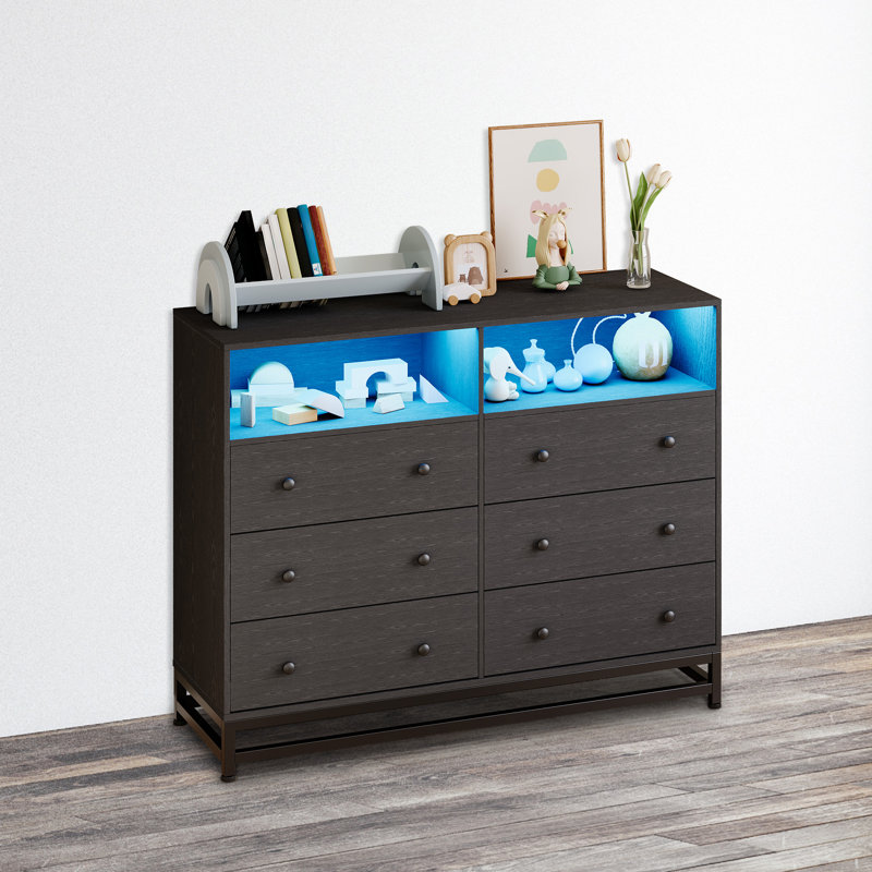 Large commode pour chambre à coucher avec station de charge, commode à 6 tiroirs de grande capacité et commode en bois avec lumières à DEL noir