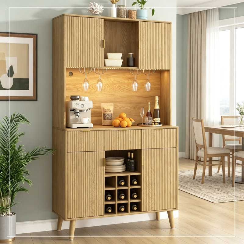 Armoire de cuisine avec prise électrique, lumière DEL et rangement pour bouteilles de vin, Naturel