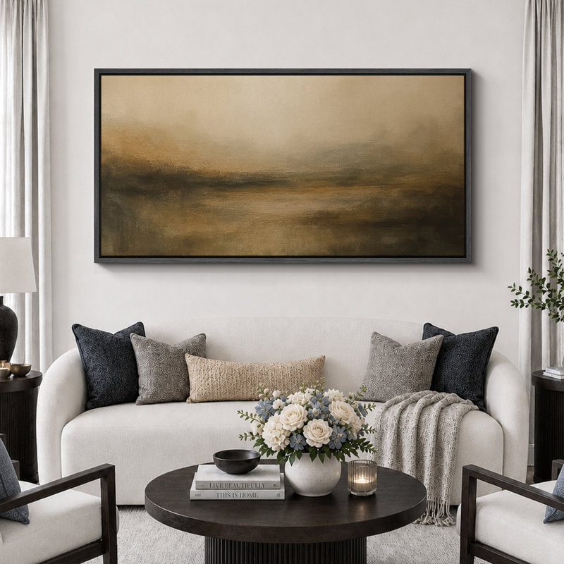 Large Framed Canvas Print Wall Art - Neutral Abstract Landscape Print for Minimalist Modern Wall Decor, Black, 30" H x 60" W