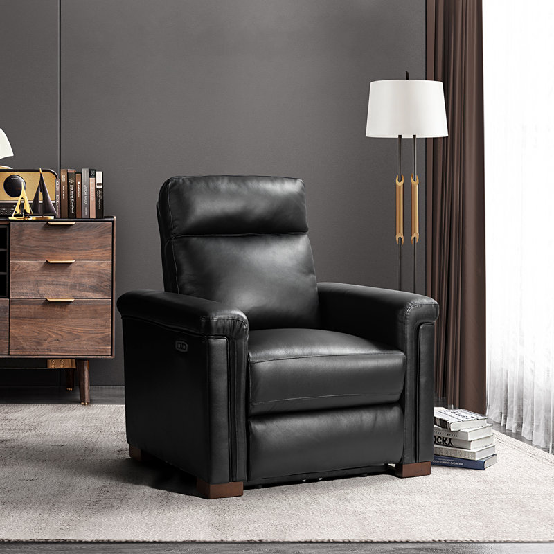 Fauteuil inclinable électrique en cuir véritable l 36,02 po Westdale avec pieds en bois massif, Noir