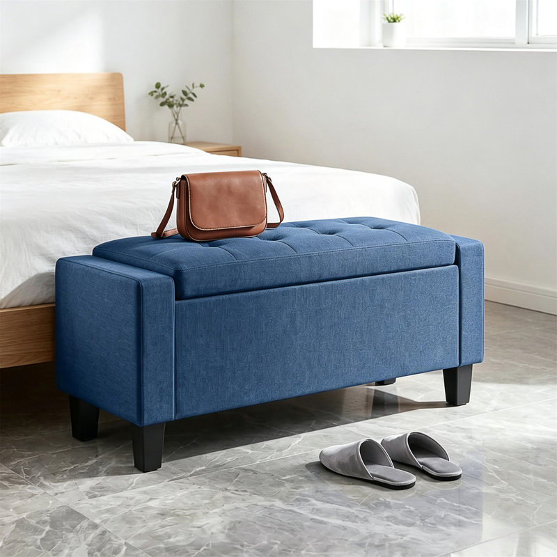 Banc repose-pieds capitonné avec pieds en bois, Blue, Blue