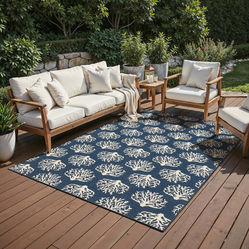 Aganlane Coastal Coral Navy/ Ivory Indoor/Outdoor Area Rug, Rectangle 8'6" x 13'