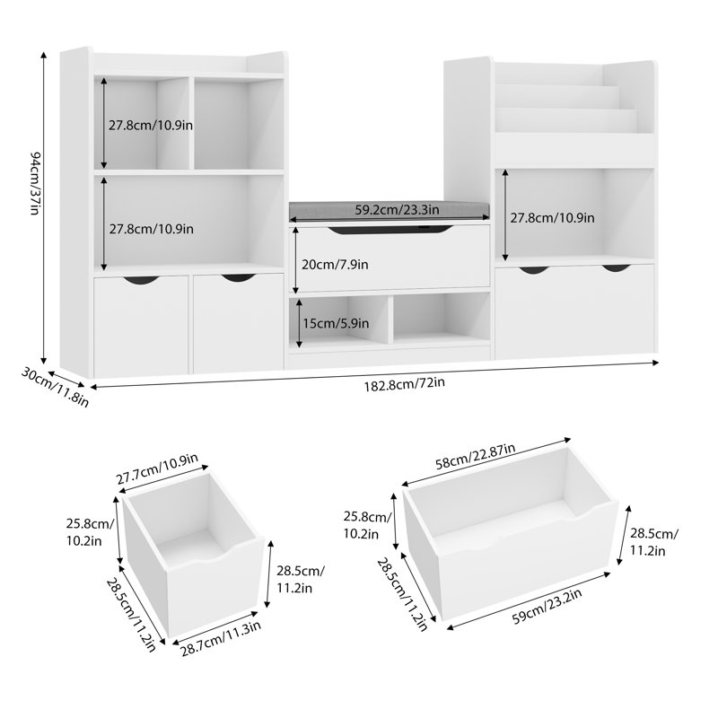 37'' H X 72'' W Kids Bookcase With 3 Removable Drawers, Toy Organizer