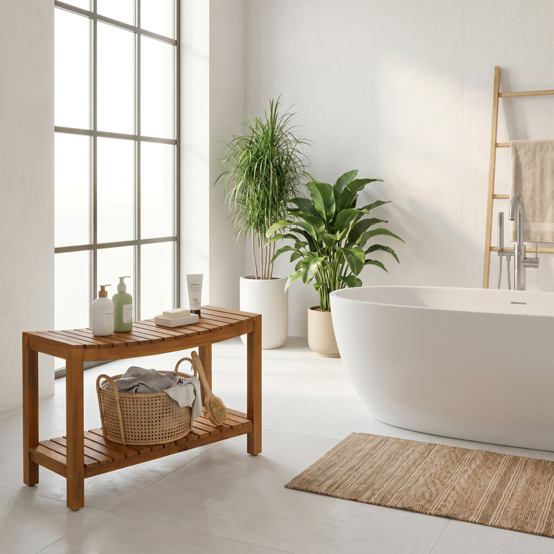 Banc de douche en teck 32 po - Tabouret de douche en bois massif pour douche intérieure, siège de salle de bain imperméable, utilisation intérieure / extérieure - Capacité de 350 lb