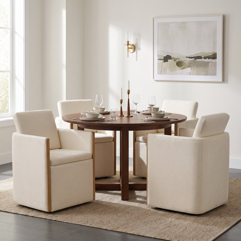 Modern Upholstered Dining Arm Chair with Hidden Storage & Swivel Casters, Cream