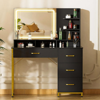 Vanity Desk with Mirror and Lights, Makeup Vanity Table with 4 Drawers & Storage Shelves, Large HD Mirror, 3 Color Modes & Adjustable Brightness, Modern Dressing Table for Bedroom