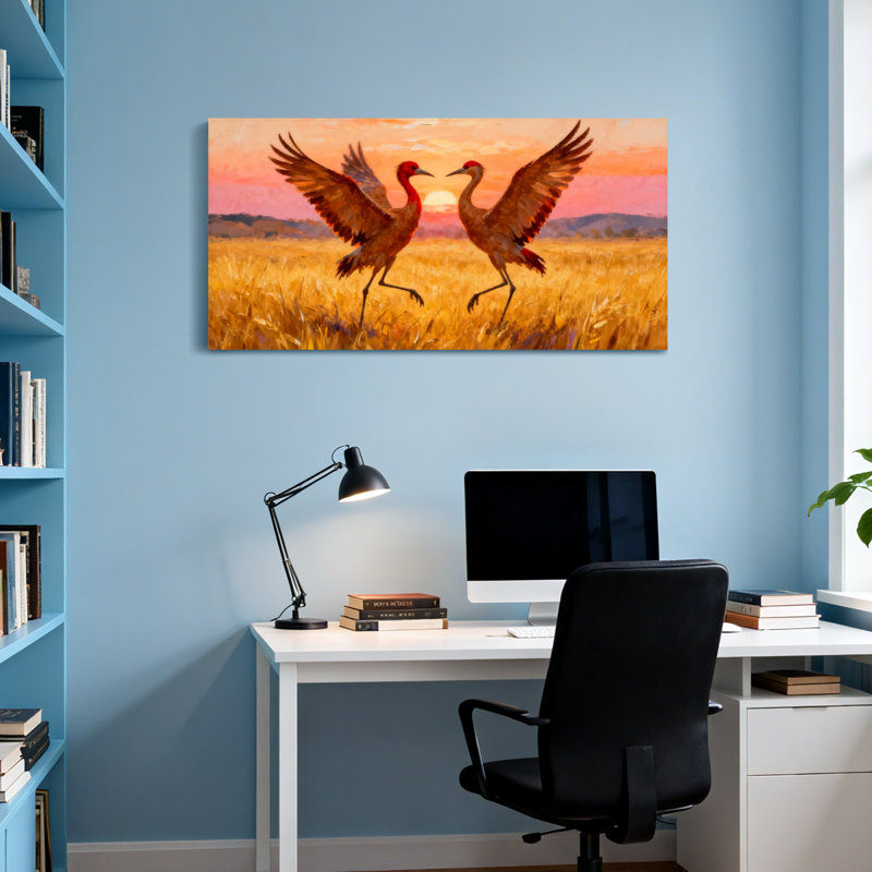 Animaux deux grues dansant dans un champ doré au coucher du soleil, H 20 po x l 40 po