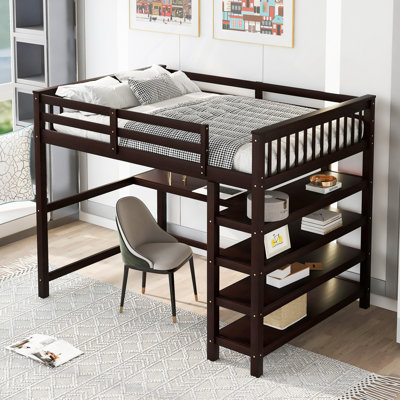 Lit mezzanine double avec tablettes de rangement et bureau sous le lit