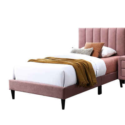 Pink Modern Twin Bed Adjustable Channel Headboard, Middle Support Legs, Linen Fabric, 12 - Slat Support, No Box Spring, 41 44" Tall Size With High