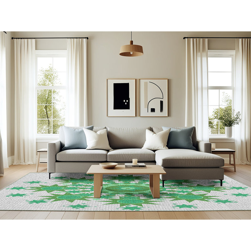 Laine tissée à la main orientale en laine et polyester vert/gris Tapis décoratif, Rectangle 6 pi x 9 pi