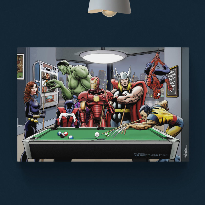 Super Heroes Playing Pool Illustration - Wrapped Canvas Print, 81cm H x 117cm W