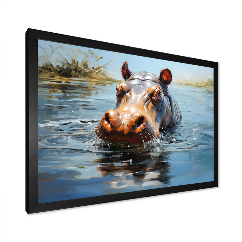 Hippopotames gris, berge, rêveries 1 - art mural hippopotame, Cadre d'angle fermé noir, H 24 po x l 32 po x P 1 po