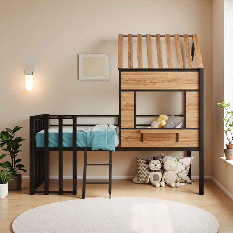 Metal Twin Size Loft Bed With Roof, Window, Guardrail, Black