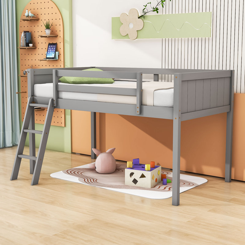 Jeanny Twin Size Wood Low Loft Bed With Ladder,Slats And Guardrails, Gray