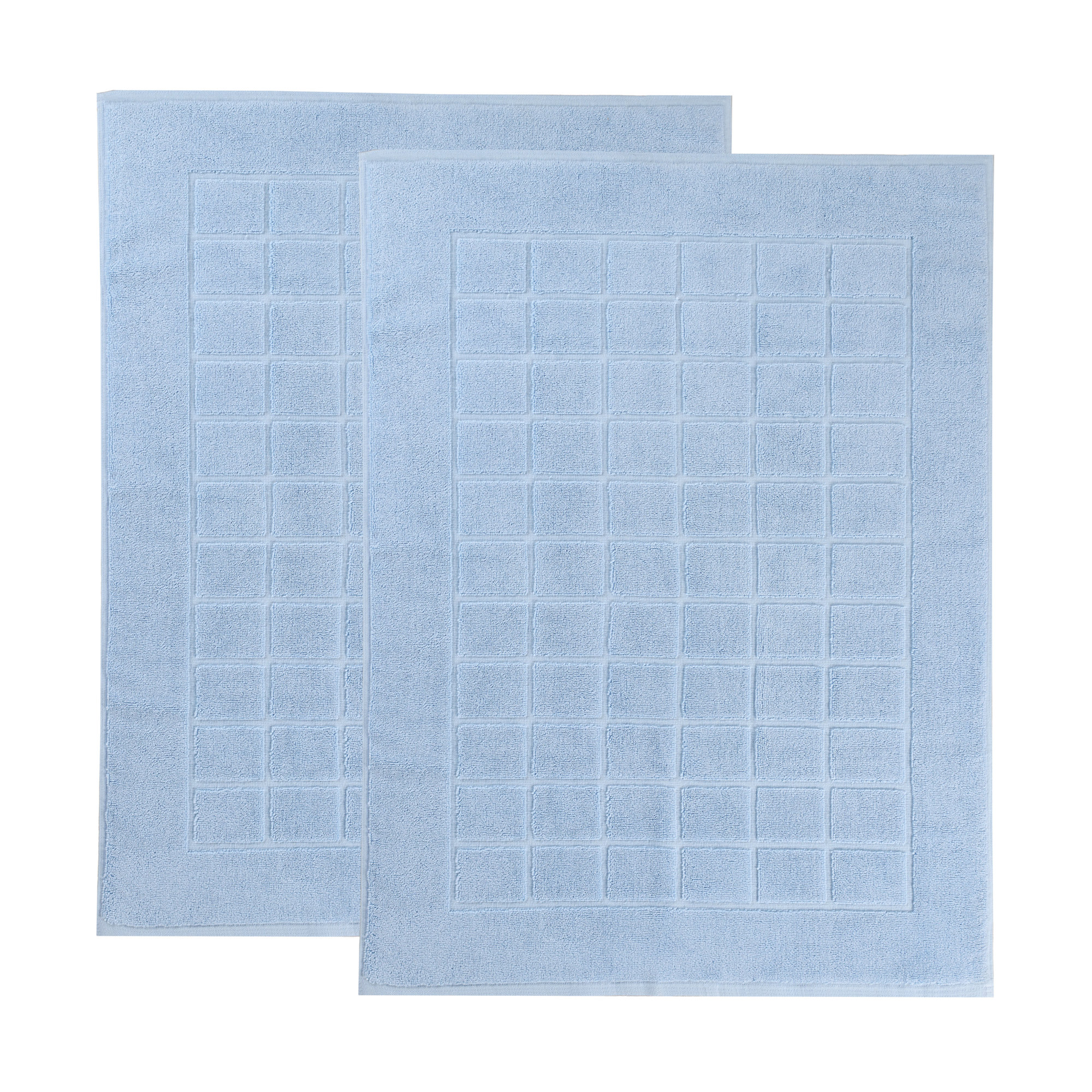Nora Cotton Terry Solid Absorbent Thick Checkered Washable 2 Piece Bath Mat Set, Light Blue
