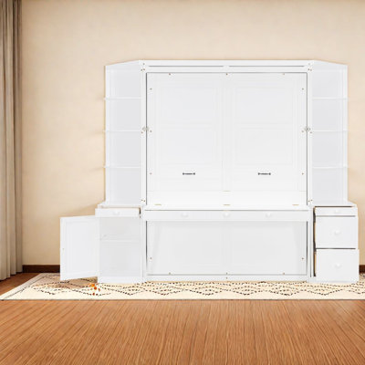 Lit escamotable Queen avec rangement et bureau, MDF LVL, bureau à domicile blanc moderne