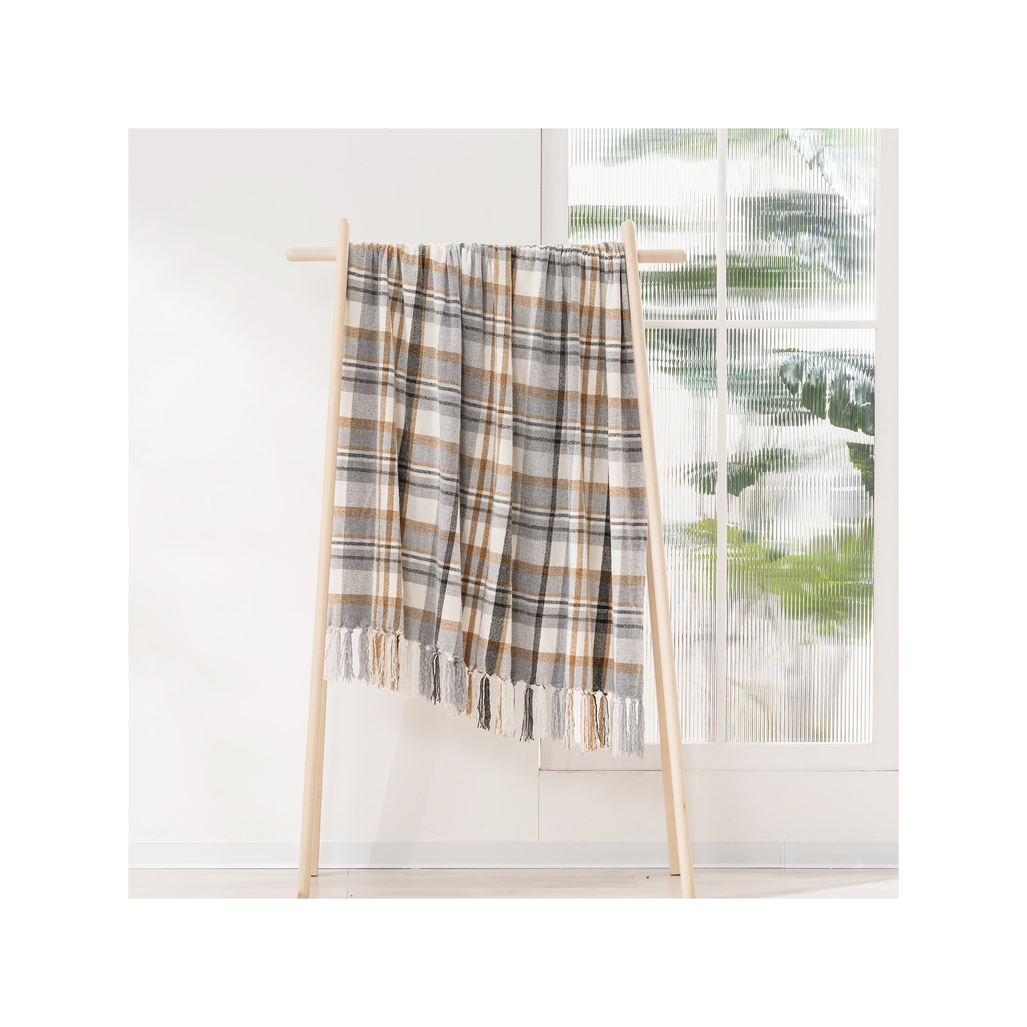 Soft Chenille Throw Blanket, Gray/Warm Beige Plaid, 80" L x 60" W