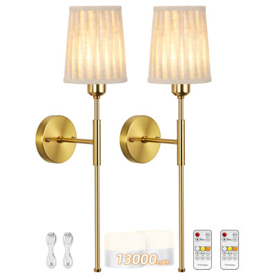 Battery Operated Wall Sconce, Rechargeable Wall Sconce With Remote, Dimmable Wireless Wall Sconces Set Of Two, White Fabric Wall Lamp With Bulbs, No Wiring Gold Wall Light For Bedroom