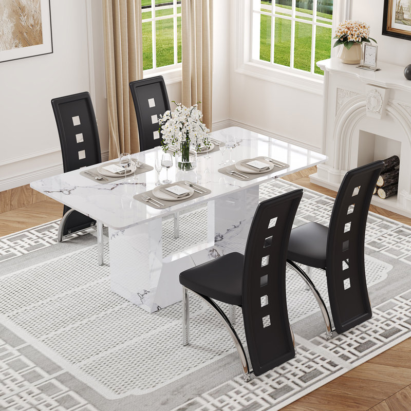 63'' Faux Marble Dining Table Set with Faux Leather Chairs, Set for 4 or 6 , 5 Pieces: Table, 4 Chairs, Black/Chrome