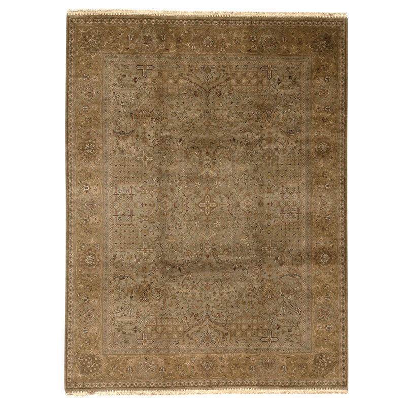 Hand Knotted Wool Area Rug in Olive Green And Gold