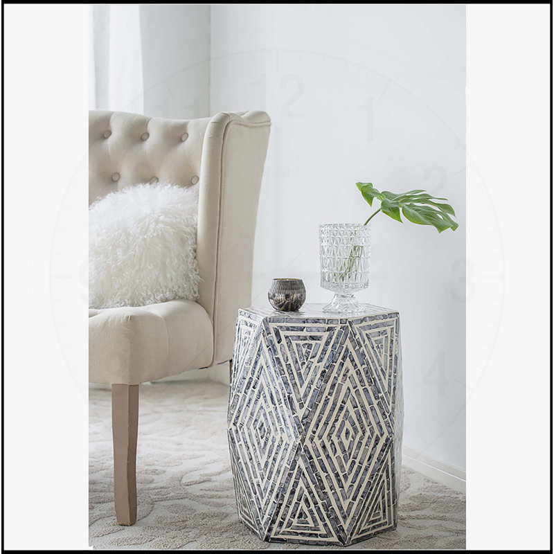 Exquisite Hexagon Garden Stool with Capiz Inlay and Diamond Design, a Stylish and Functional Accent Piece