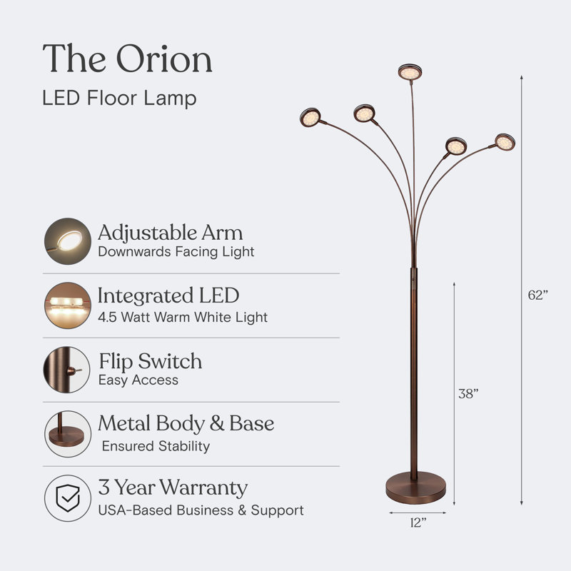 Orion 74 in. Industrial 5-Light LED Floor Lamp with Adjustable Swing Arm Heads, Bronze