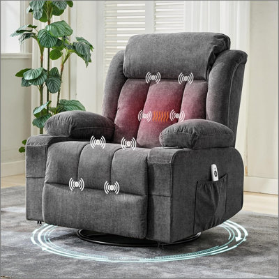 360° Swivel Rocker Recliner Chair with Heat and Massage, Recliner for Adults, Single Sofa Seat with 3 Positions, 2 Side Pockets, 2 Cup Holders, USB Po
