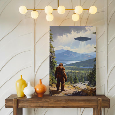 Canvas Bigfoot Ufo Encounter Canvasmysterious Creature And Hovering Ufo Art Wall Art Ready To Hang Gallery Wrapped Home Decor Modern Design