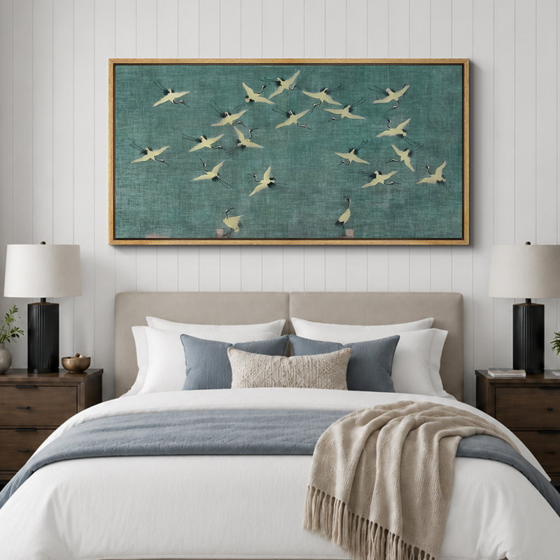 «Serene Sky Cranes In Flight On Teal», reproduction d'art sur toile encadrée, H 30 po x l 60 po, Naturel
