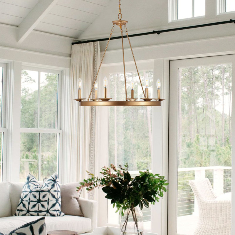 Narron 6 - Light Dimmable Wagon Wheel Chandelier, Gold Painted