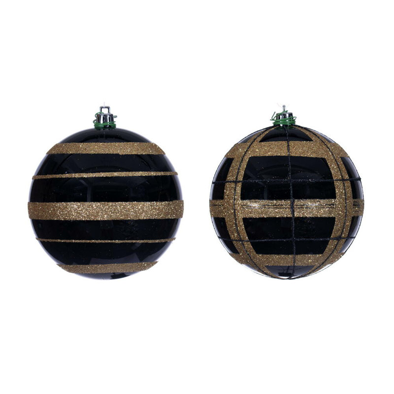 Vickerman Glitter Ornament Assortment. 2 plaid, and 2 horizontal stripes., 4" H x 4" W x 4" D, Green/Red