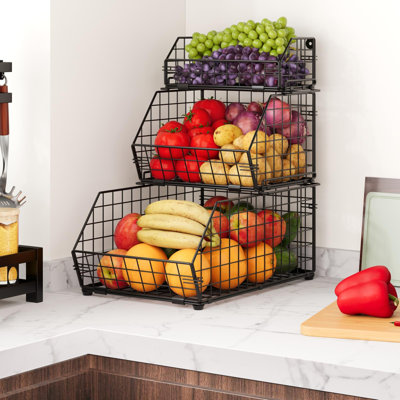 3-Tier Fruit Basket For Kitchen Counter, Stackable Wire Baskets Wall, Potato And Onion Storage Bins, Pantry Organizers And Storage