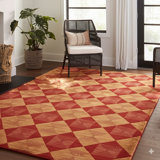 Coral Hand-Knotted Wool Diamond Hourglass Motif Geometric Modern Contemporary Carpet Rug