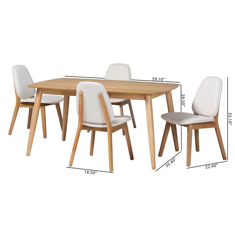 Baxton Studio Jennica 5-Piece Dining Set - Solid Wood Rectangular Table With Boucle Upholstered Chairs, Mid-Century Modern Dining Furniture For Kitchen Or Dining Room, Natural And White