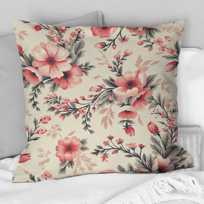 Beige Pink Floral Meadows Print III - Traditional Throw Pillow