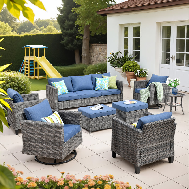 Ensemble de conversation avec canapé en rotin 8 pièces et coussins 8 pièces, Bleu denim