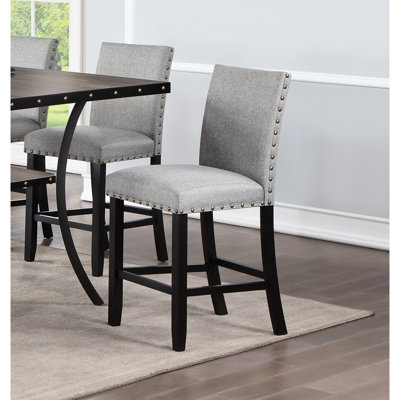 Grey Dining Chair Of 2, Counter Height, Fabric Cover, Cushion, Nailhead Trim, Modern Design Contemporary Chairs Cushioned, Home