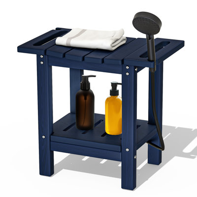 HDPE Waterproof Shower Stool – All-Weather Indoor/Outdoor Bench with Storage Shelf – Multipurpose Leg Shaving Seat & Side Table