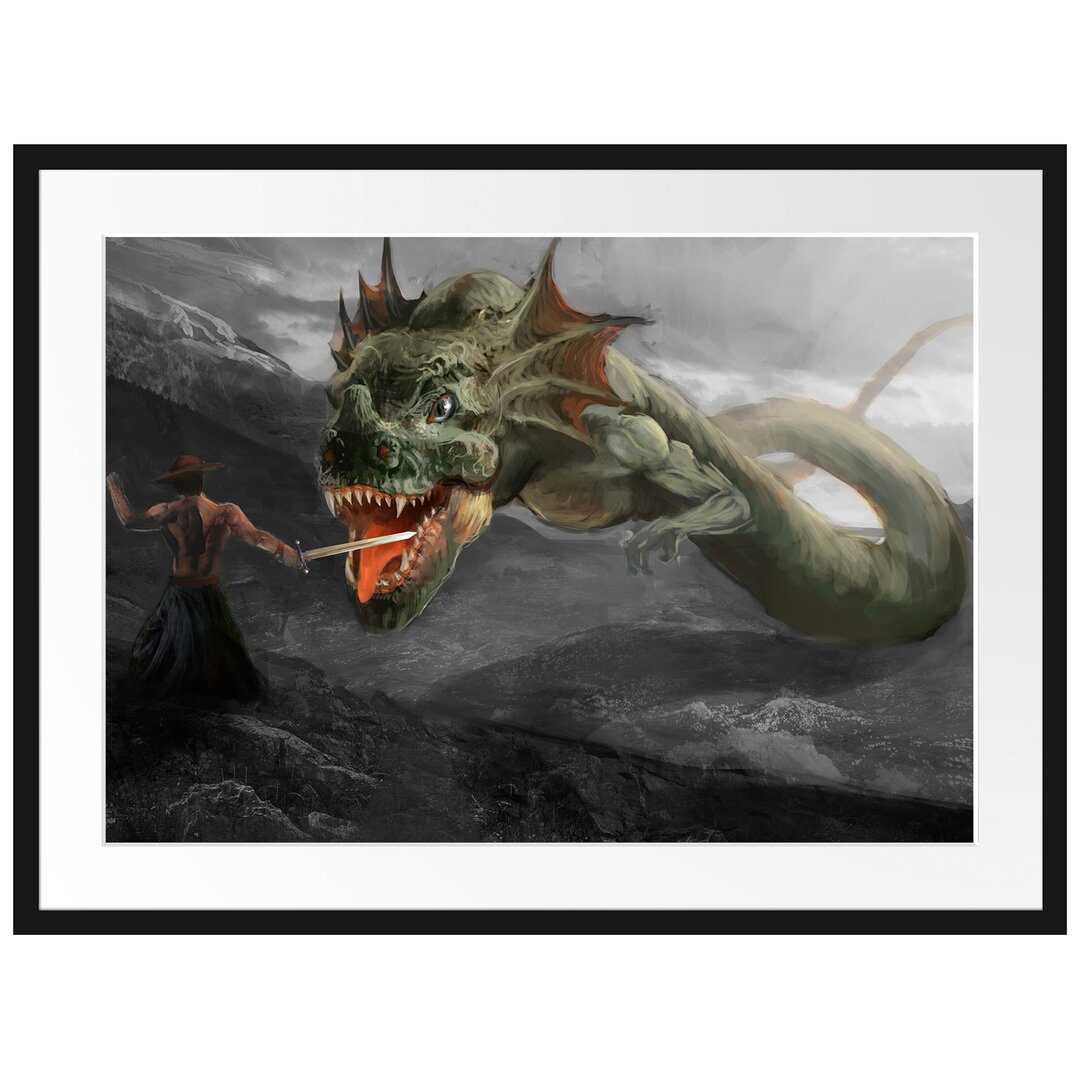 Gerahmtes Poster Drache kämpft gegen Krieger