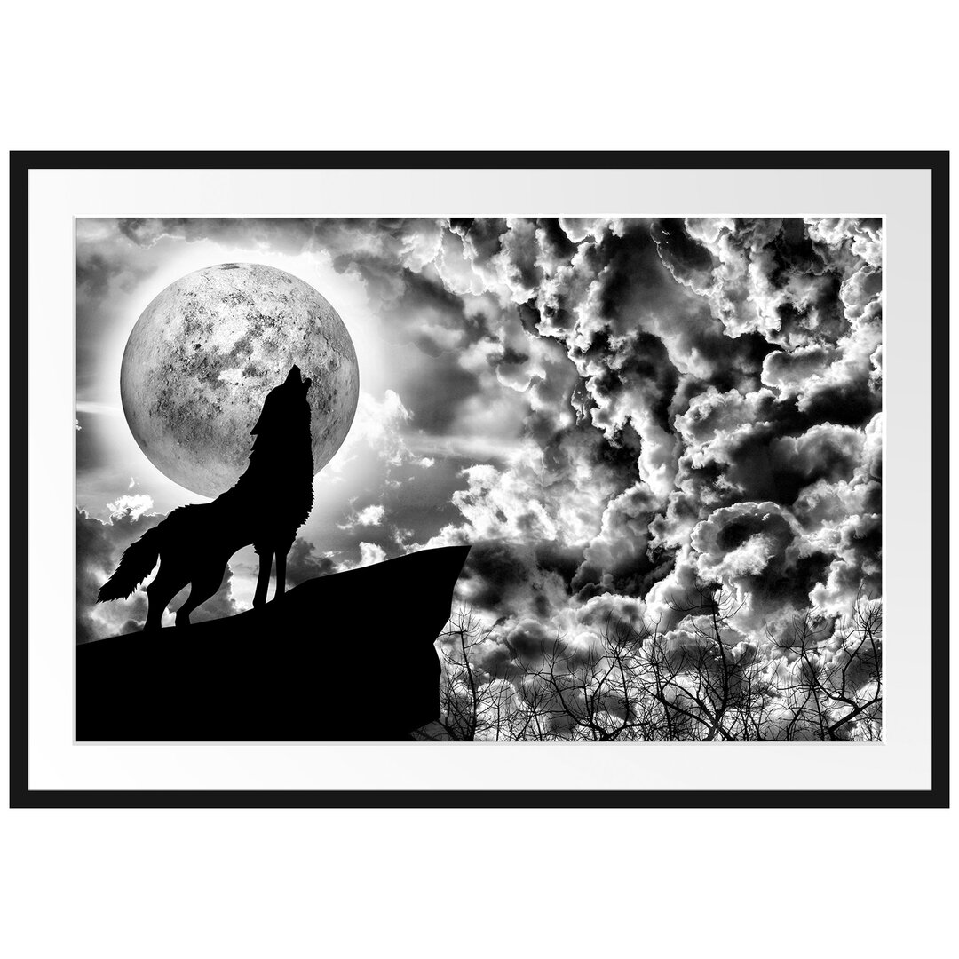 Gerahmtes Poster Wolf heult den Mond an