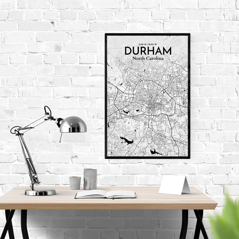 Durham City Map, impression, H 36 po x l 24 po, Noir et blanc