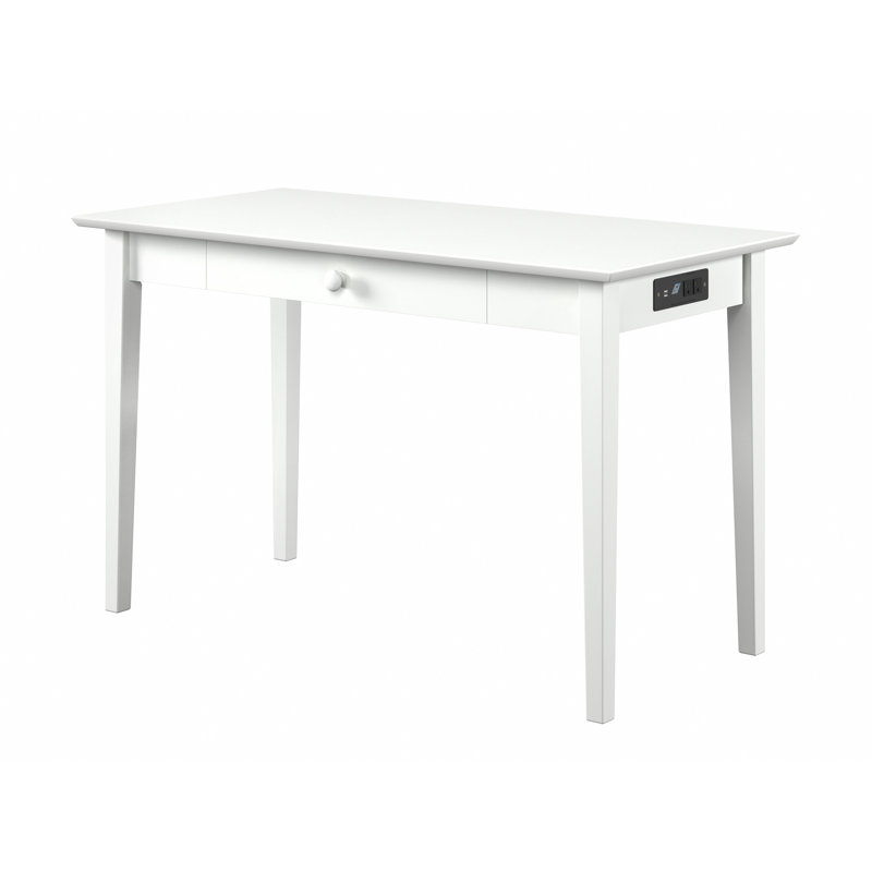 Bureau de travail en bois massif avec tiroir de rangement et station de charge intégrée Mebane, Blanc