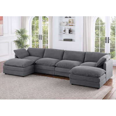 145" W U-Shaped Corduroy Sectional with Removable Ottomans 