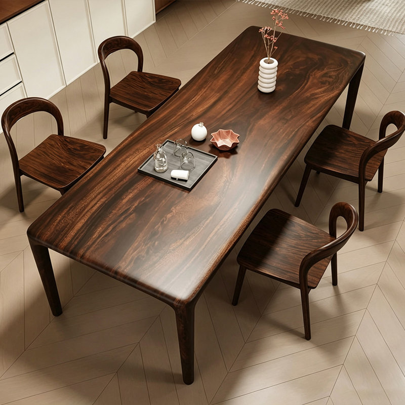 Walnut-colored solid wood rectangular dining table, 29.53" H x 70.87" W x 31.5" D