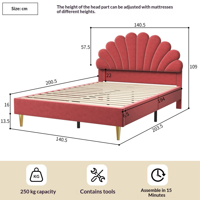 Single Bed Frame Kids Bed, Soft Velvet Upholstered Bed With Petal Shaped Adjustable Height Headboard, Platform Bed Frame With Slats, Easy Assembly, (140×200Cm)