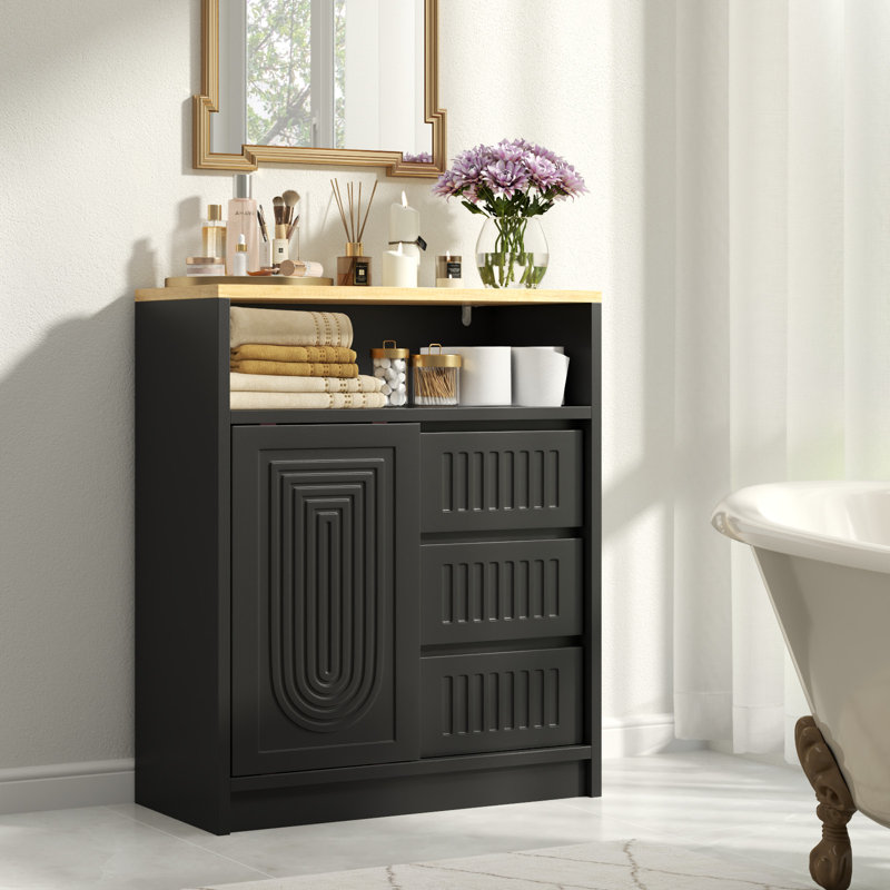 Freestanding Bathroom Storage Cabinet With 3 Drawers & 1 Sliding Door, Matte Black