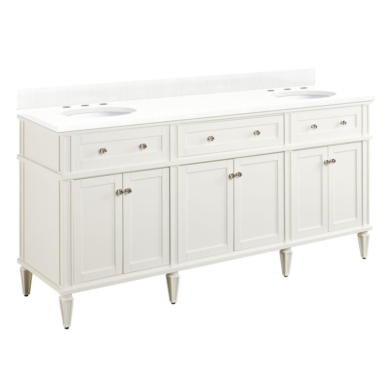 72" Elmdale Double Vanity for Rectangular Undermount Sinks, Feathered White Quartz, White, Polished Nickel