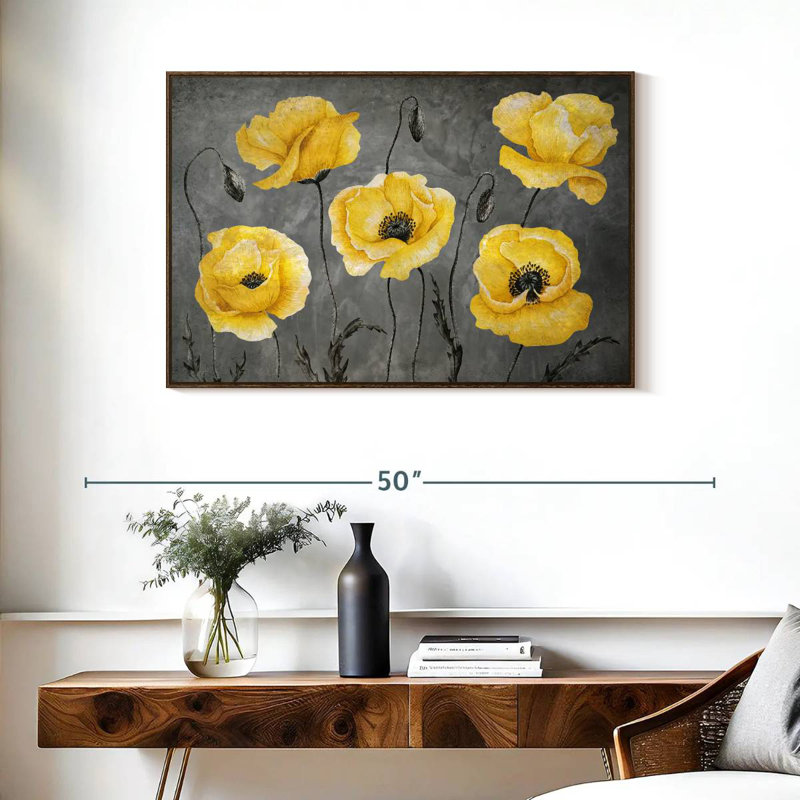 Coquelicots jaunes, 37 po x 25 po, Cadre flottant en noyer